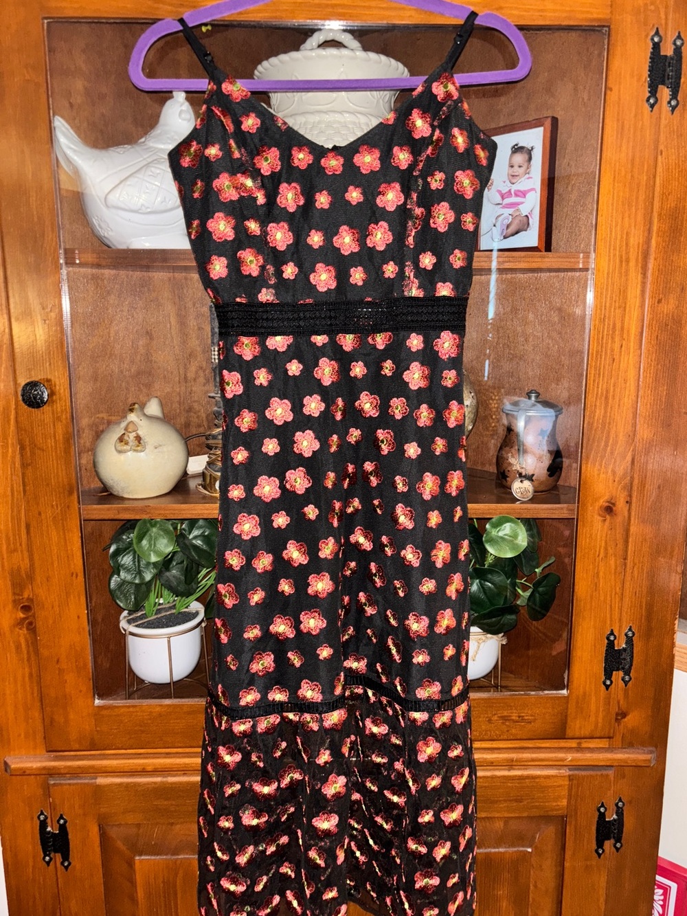 BB Dakota Black Dress with Red Floral Embroidery - Picture 1 of 9